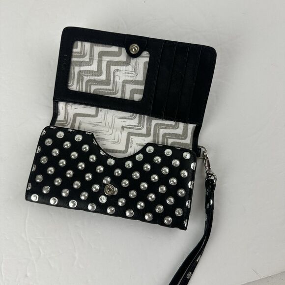 LODIS Black Silver Polka Dots Leather Bifold Wristlet Zip Coin Pouch Card Slots - Picture 5 of 8